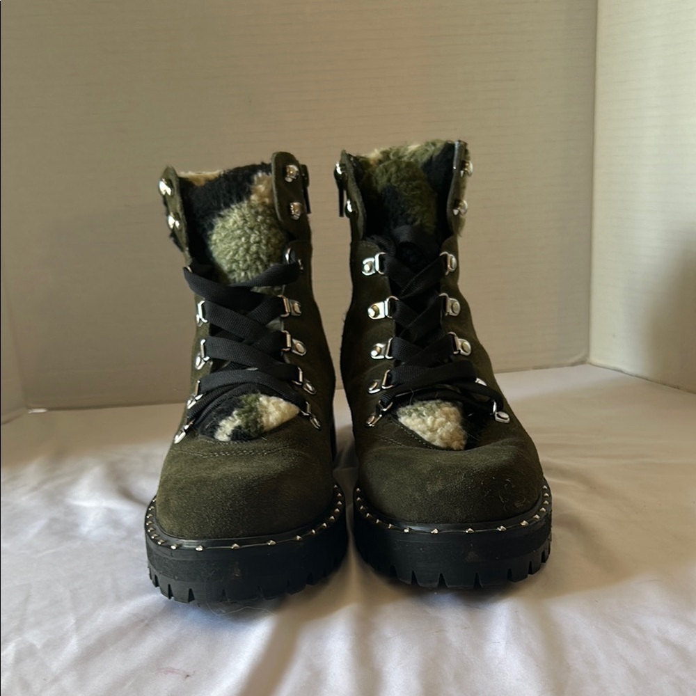Green Suede Leather & Faux Fur Hiking Boots | Lug Sole | Studded Trim
